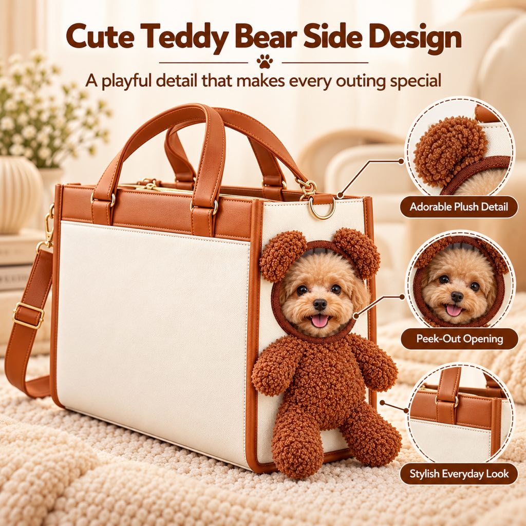Teddy bear side design and peek-out opening on a pet carrier tote