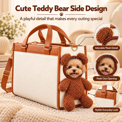Teddy bear side design and peek-out opening on a pet carrier tote