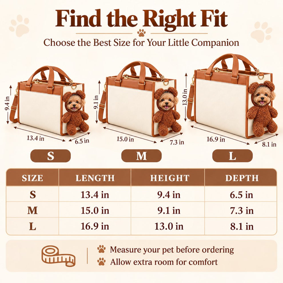Teddy bear pet carrier tote size chart for S M and L