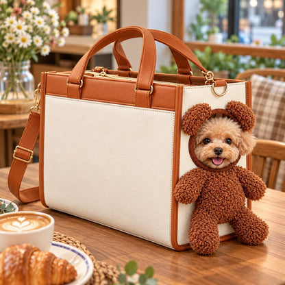 Cream and brown teddy bear pet carrier tote with a small dog peeking through the side opening