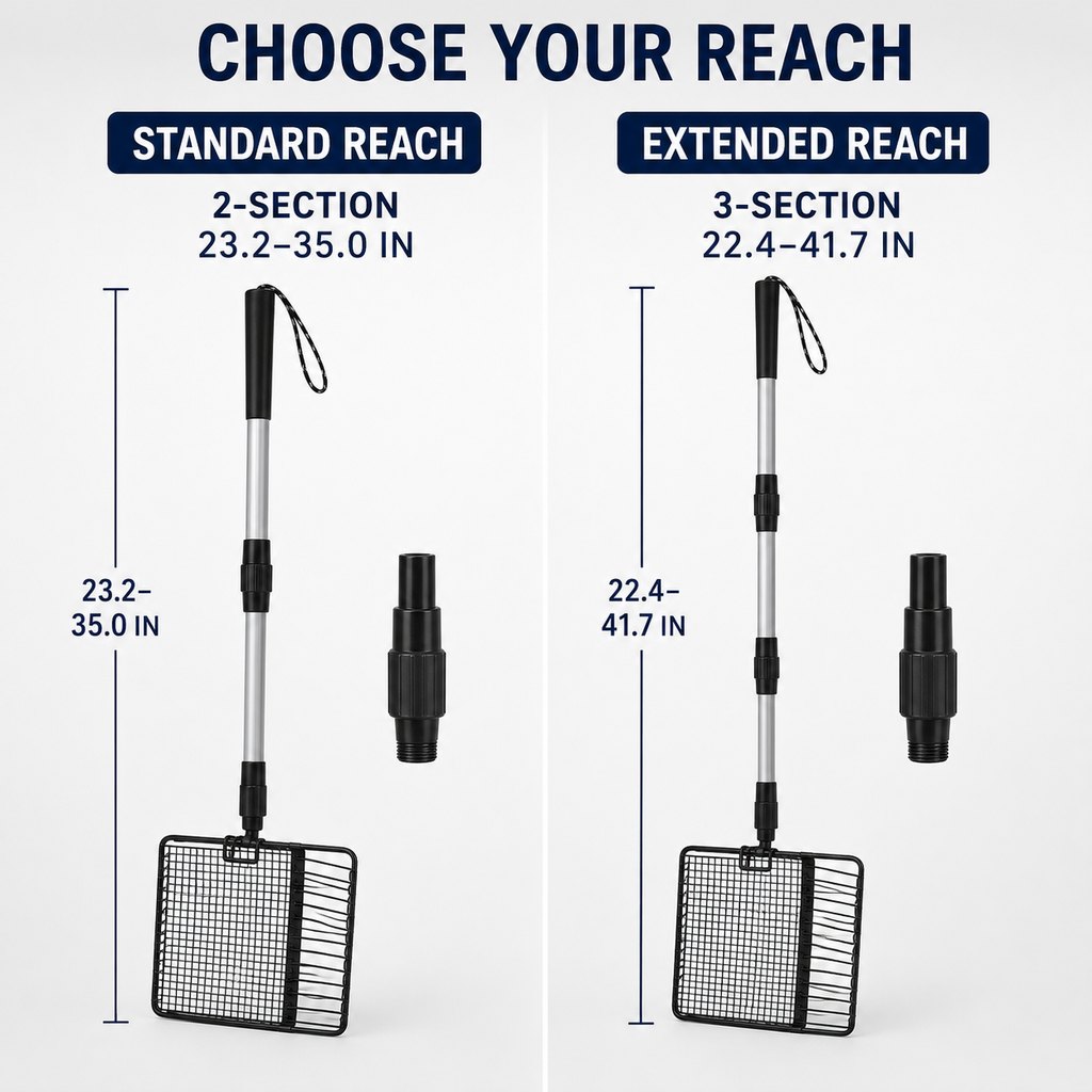Telescoping cat litter scoop 2-section and 3-section reach guide