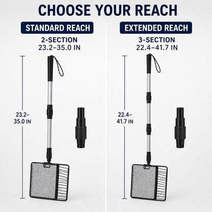 Telescoping cat litter scoop 2-section and 3-section reach guide