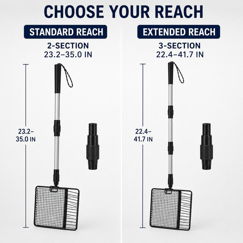 Telescoping cat litter scoop 2-section and 3-section reach guide