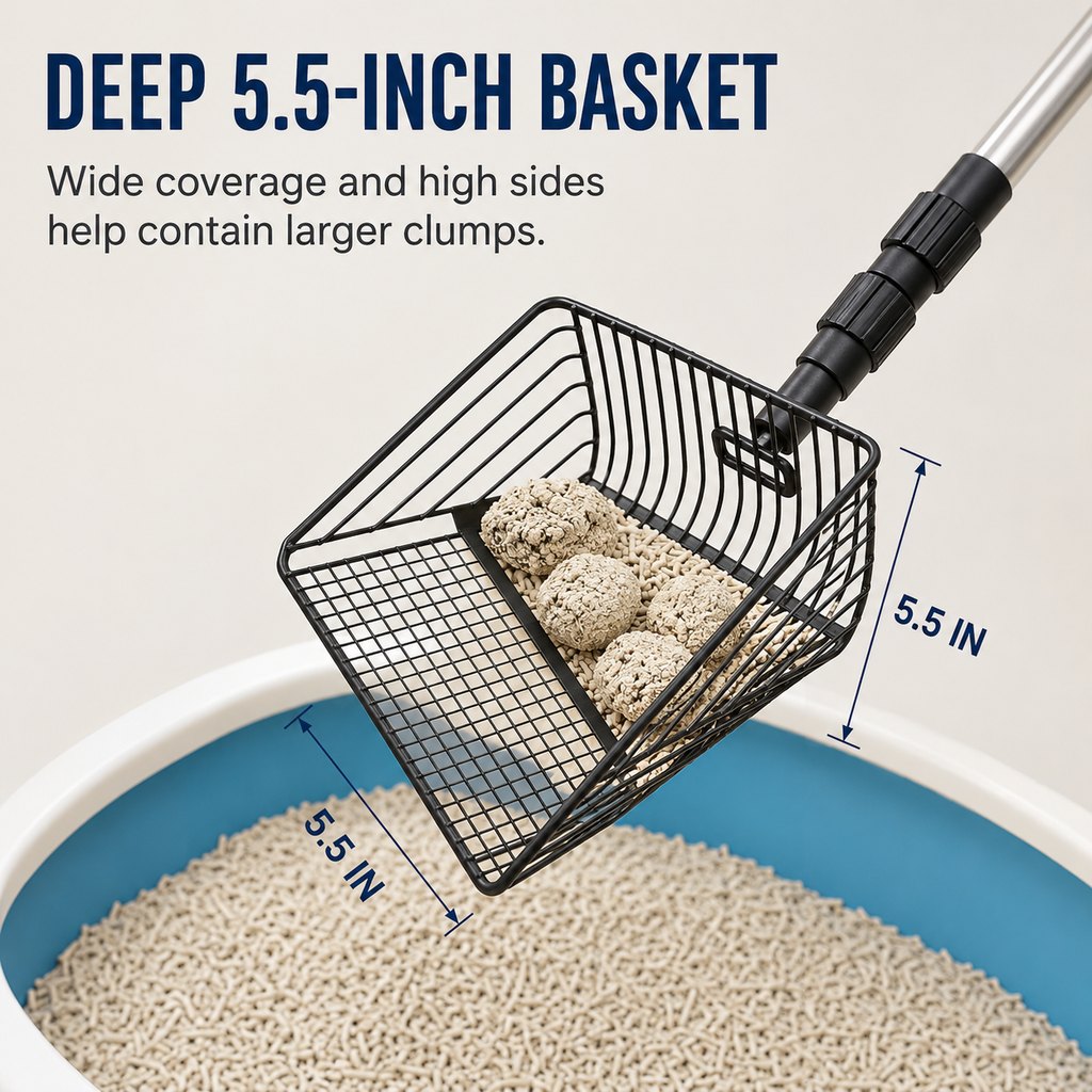 Deep 5.5 inch cat litter scoop basket with raised sides