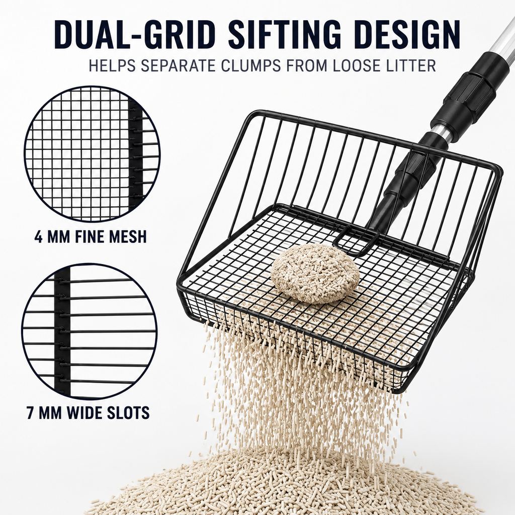 Dual-grid metal cat litter scoop basket for sifting clumps