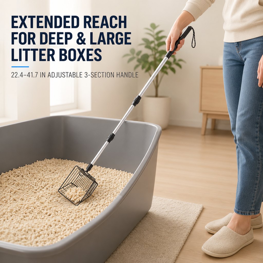 Extended reach 3-section telescoping cat litter scoop