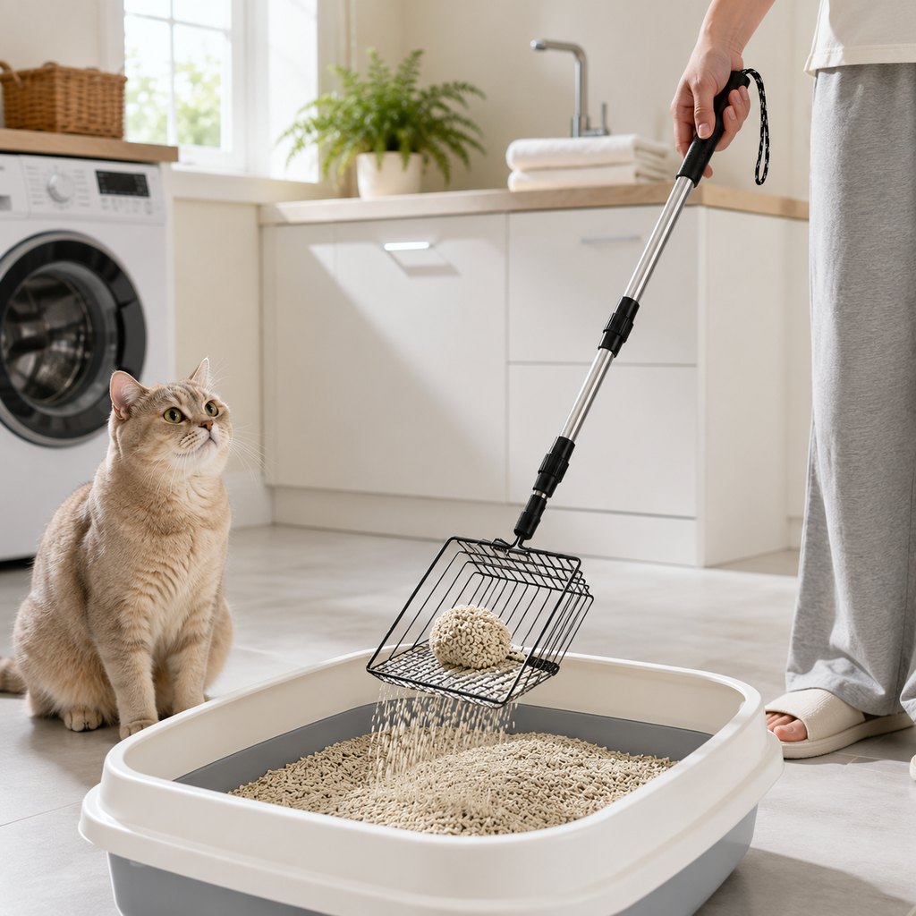 Long handle telescoping cat litter scoop lifestyle image