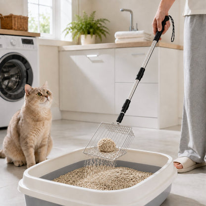 Telescoping cat litter scoop for deep litter boxes