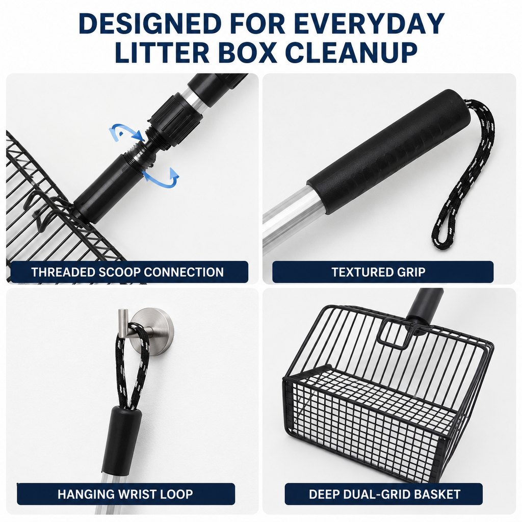 Threaded scoop connection grip hanging loop and deep basket details