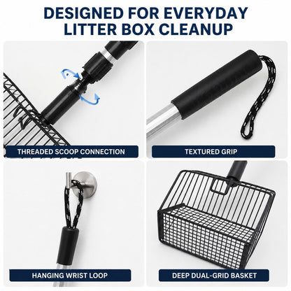 Threaded scoop connection grip hanging loop and deep basket details