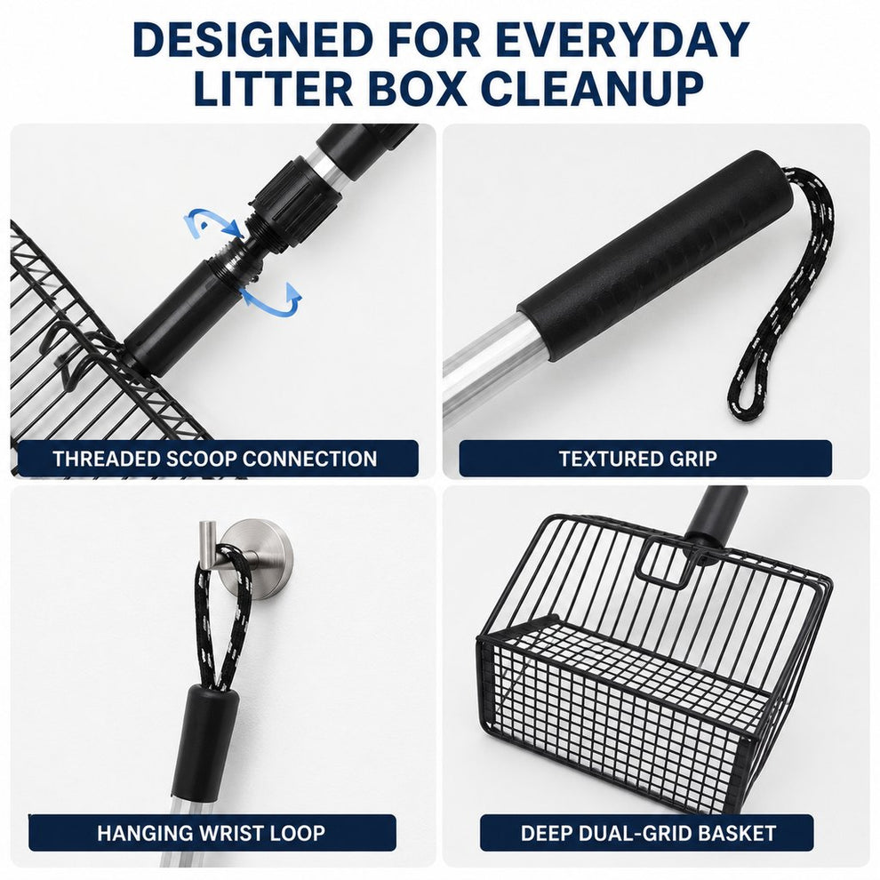 Threaded scoop connection grip hanging loop and deep basket details