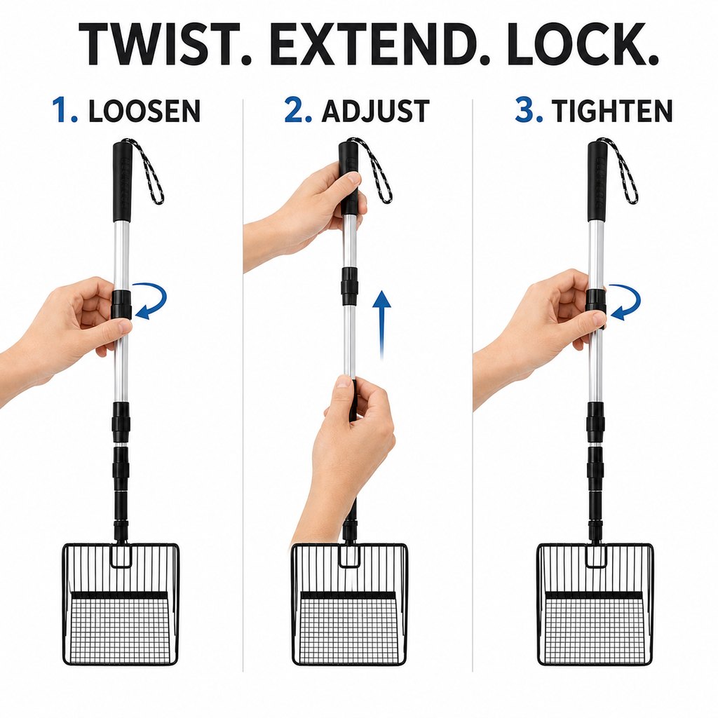 Twist extend and lock telescoping litter scoop handle