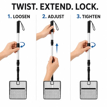 Twist extend and lock telescoping litter scoop handle