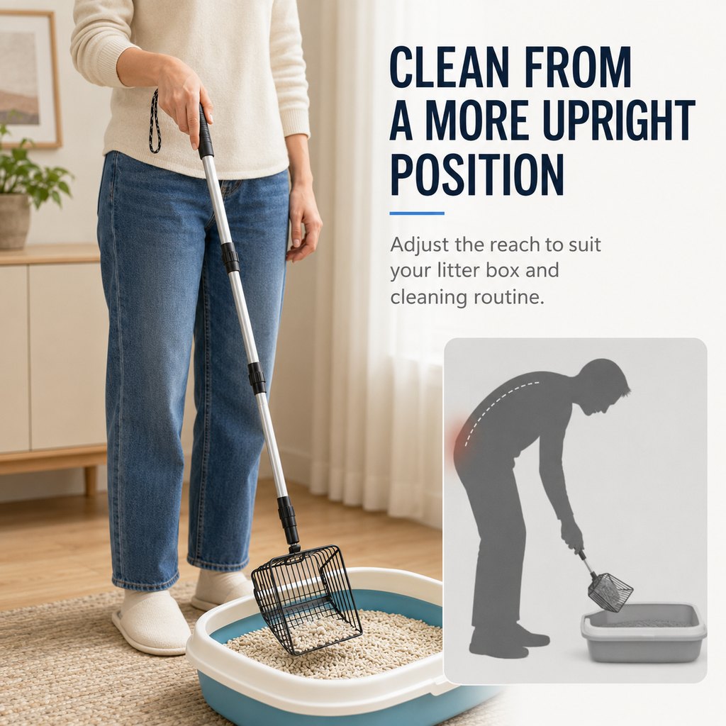 Long handle cat litter scoop helps clean from a more upright position
