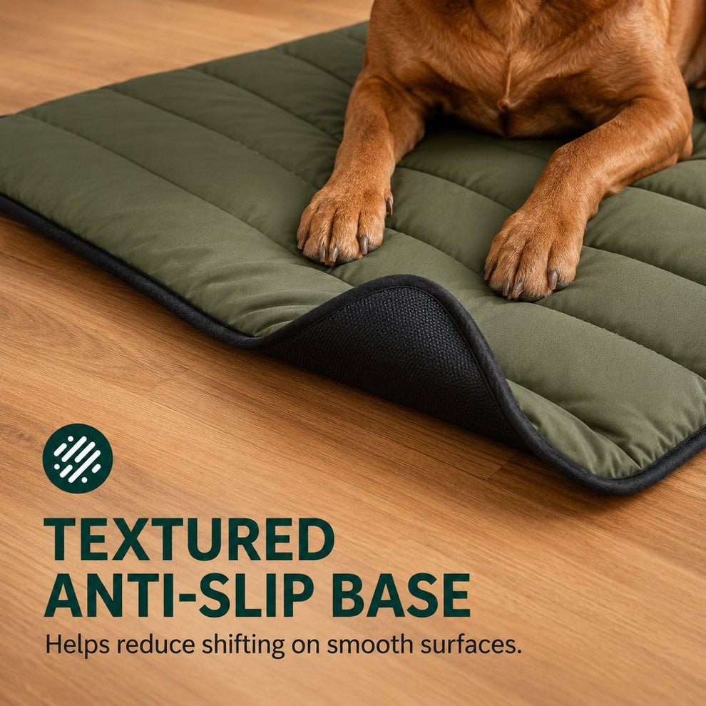 Textured anti-slip base on dog travel mat