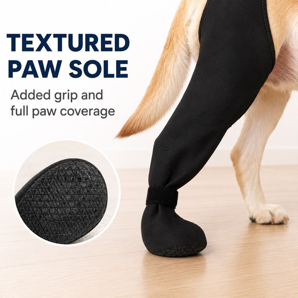 Textured paw sole on dog rear leg recovery sleeve