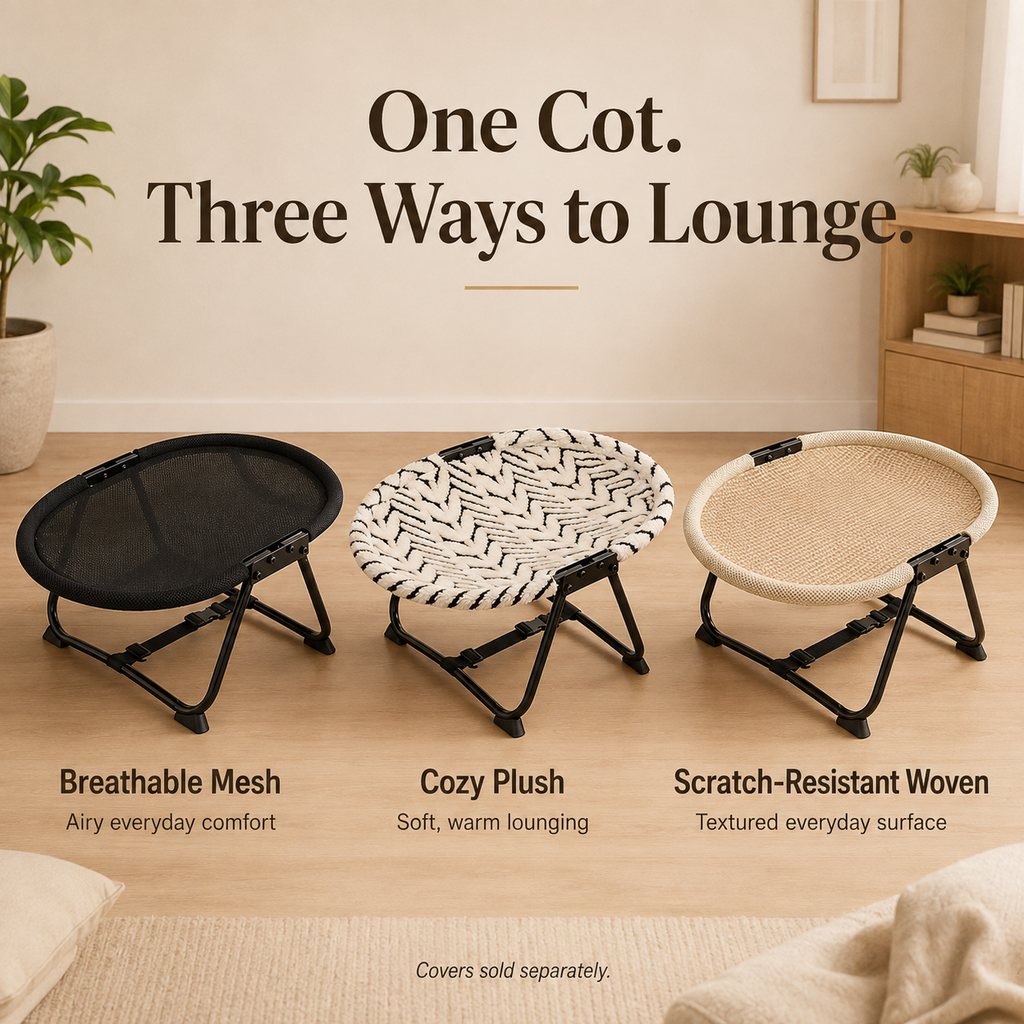 Three fabric options for foldable elevated pet cot