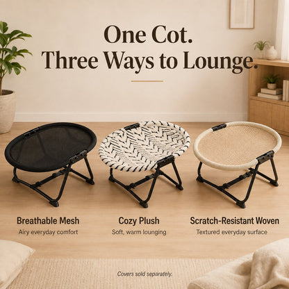 Three fabric options for foldable elevated pet cot