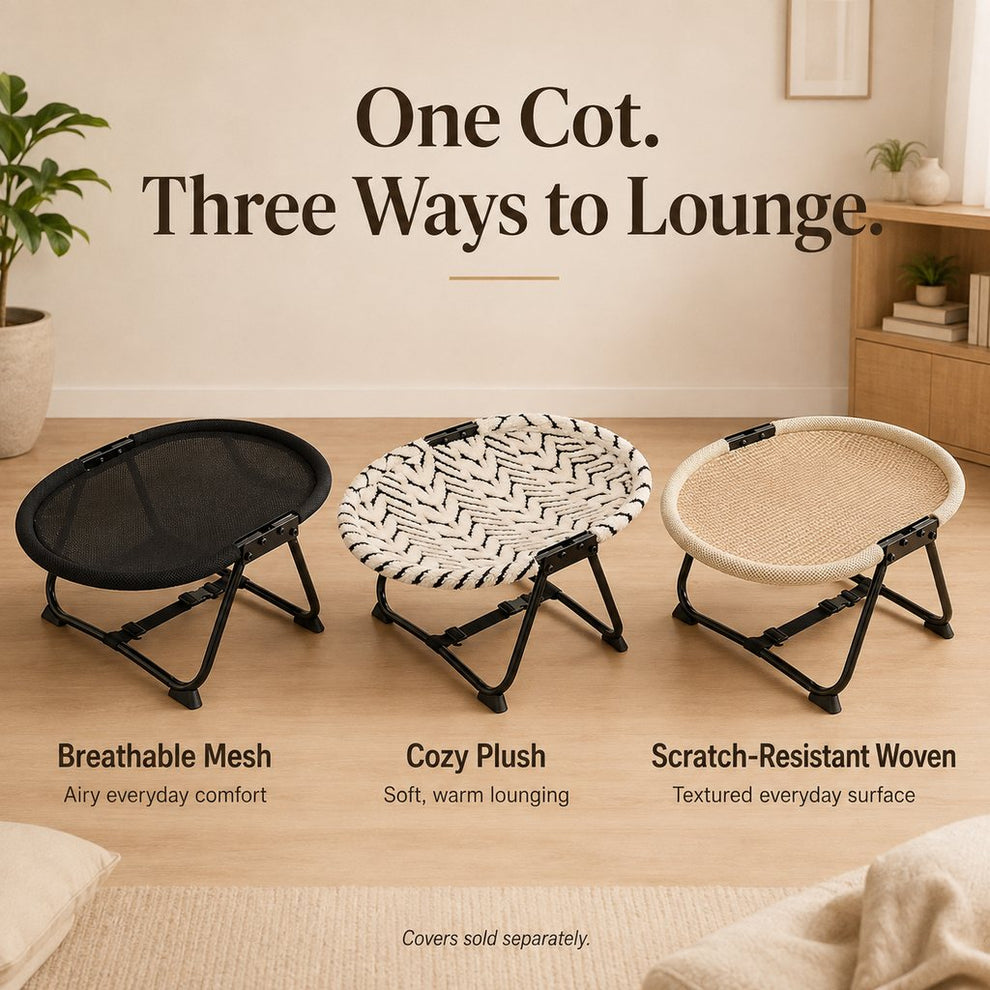 Three fabric options for foldable elevated pet cot