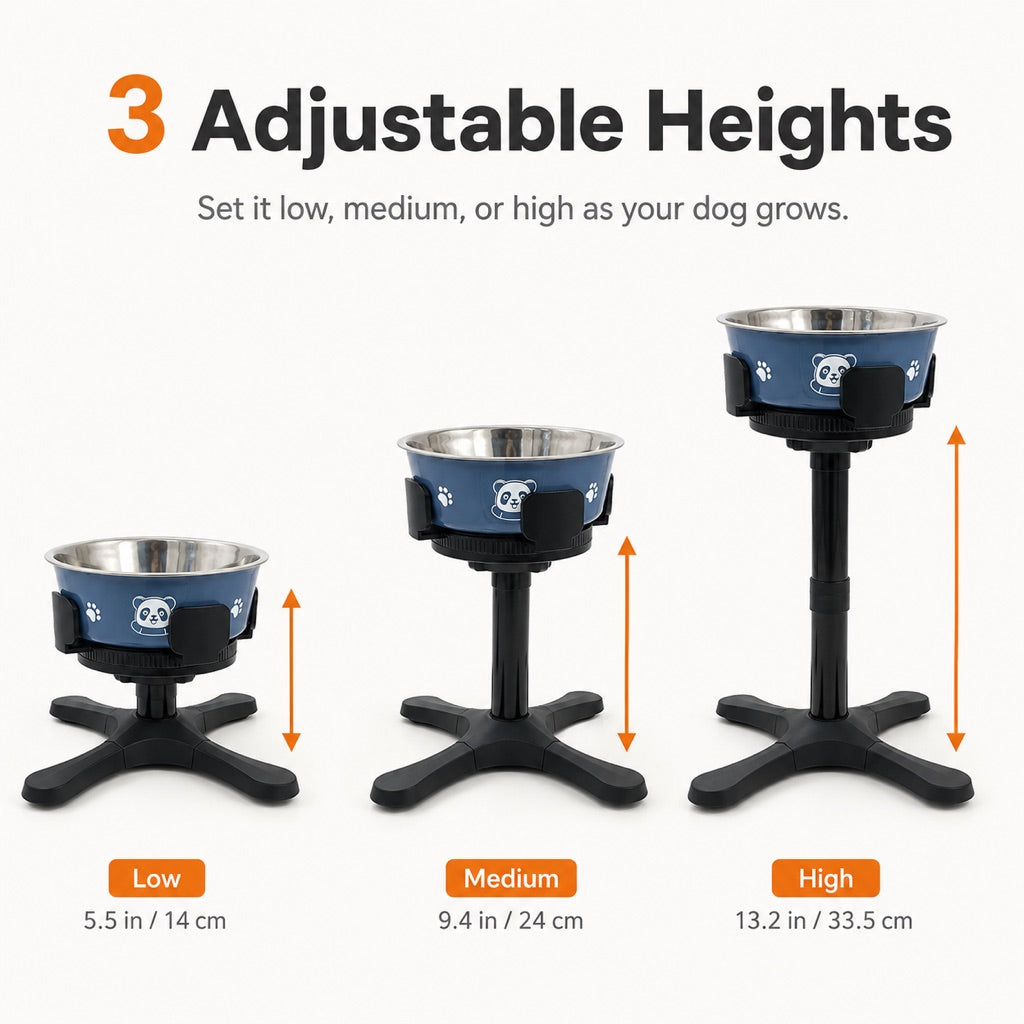 Adjustable height dog bowl stand with three height settings