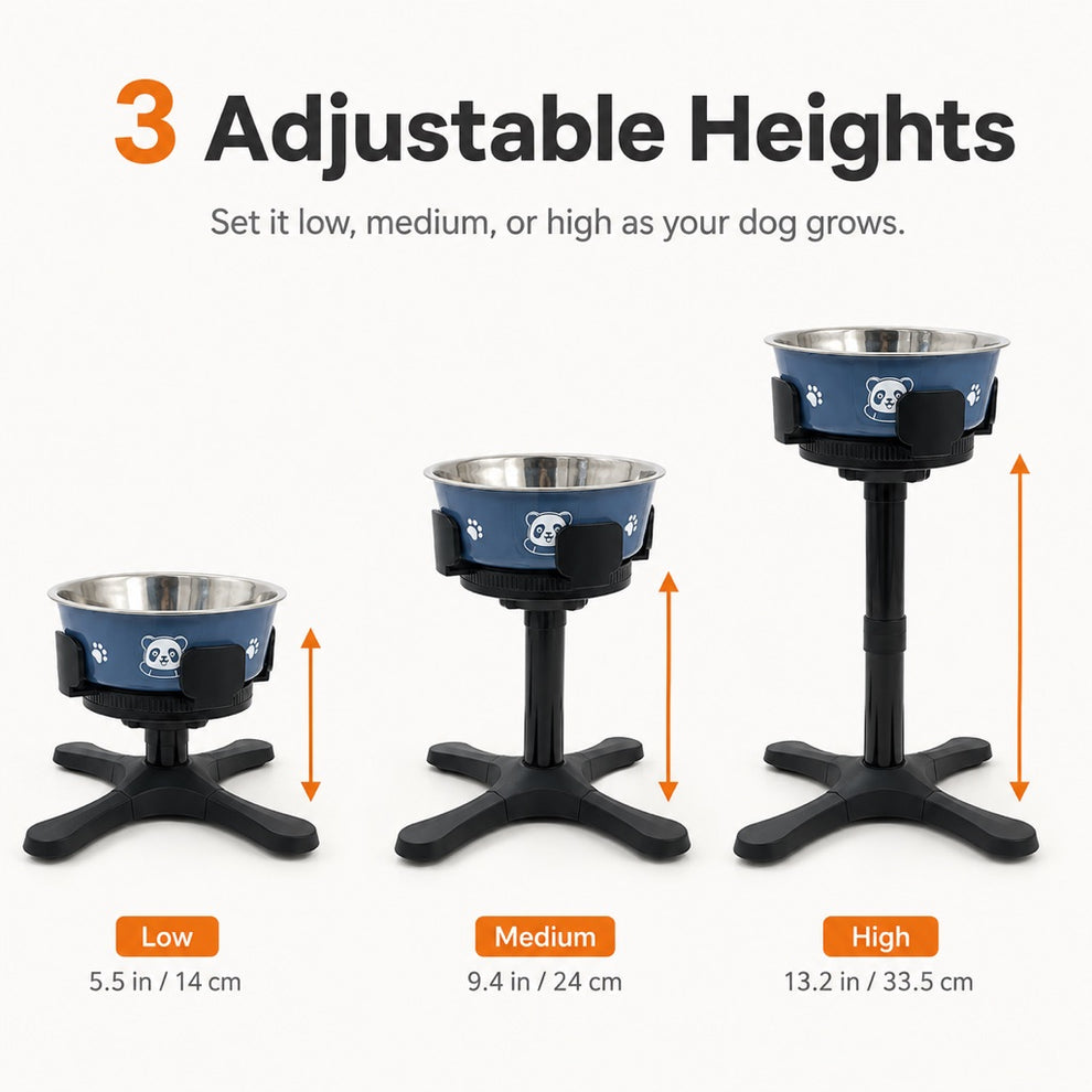 Adjustable height dog bowl stand with three height settings