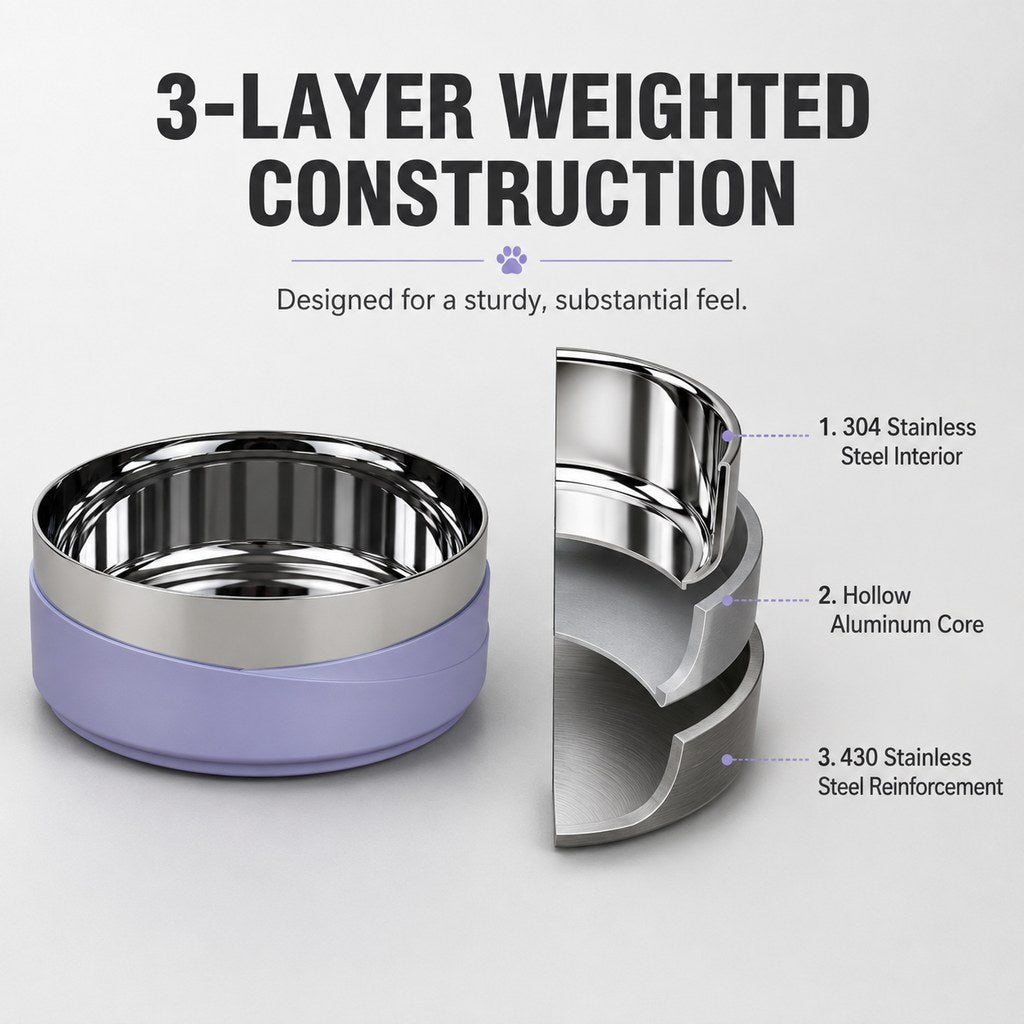 Three-layer weighted stainless steel pet bowl construction