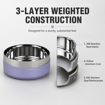 Three-layer weighted stainless steel pet bowl construction