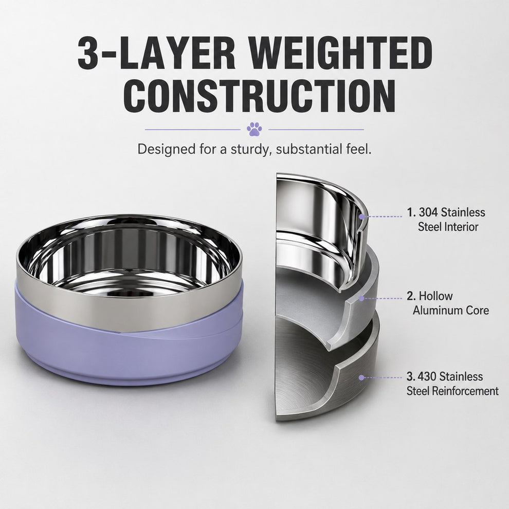 Three-layer weighted stainless steel pet bowl construction