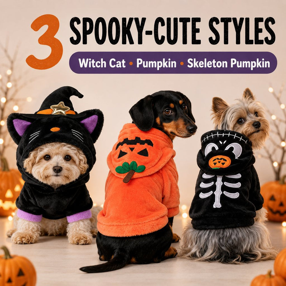 Three spooky cute Halloween pet costume hoodie styles