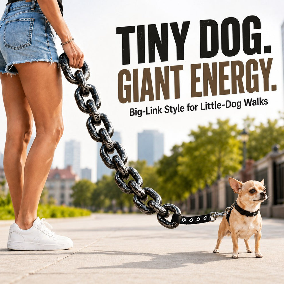 Tiny dog giant energy oversized chain leash statement image