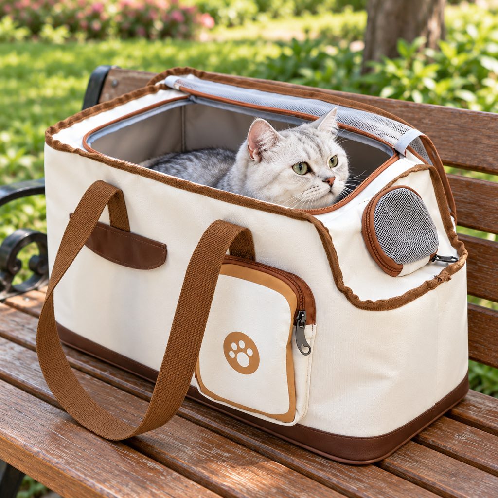 Toast Style rectangular cat carrier tote with flat mesh top and paw-print pocket