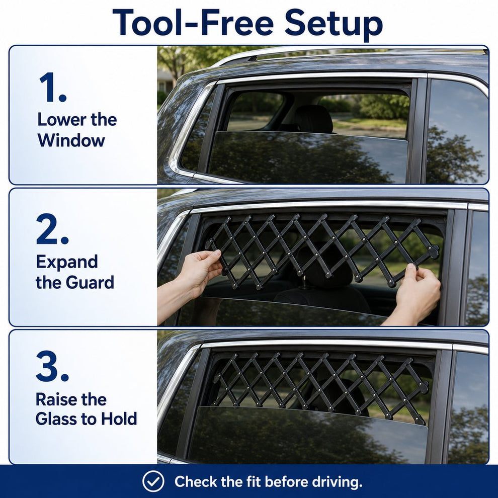 Tool-free setup steps for expandable dog car window guard