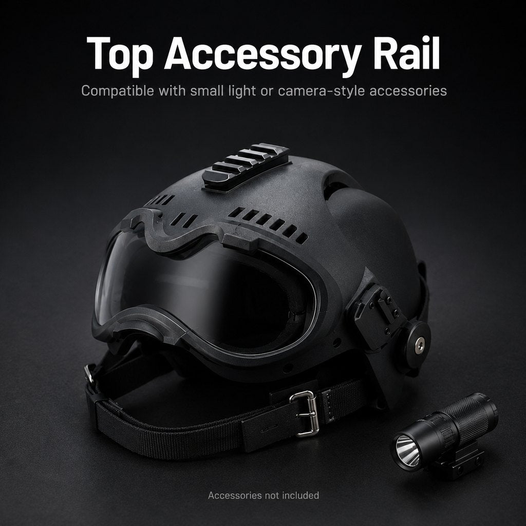 K9 tactical-style dog helmet with goggles for outdoor training