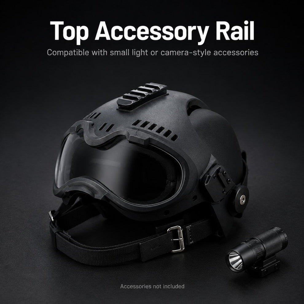 K9 tactical-style dog helmet with goggles for outdoor training