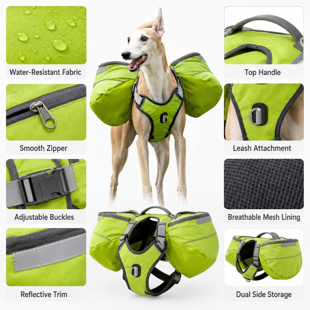 Top handle and leash ring dog pack