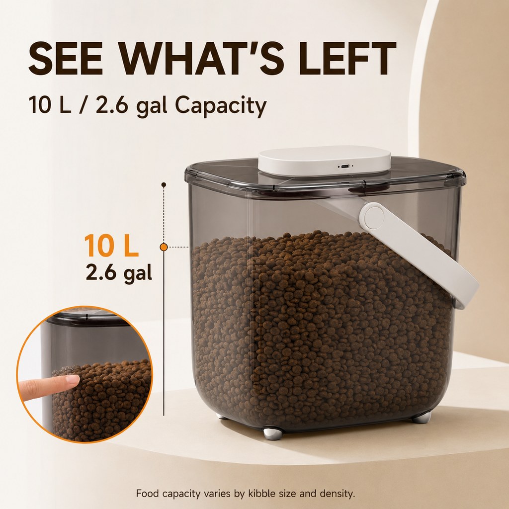 Transparent food level view on 10L pet food bin