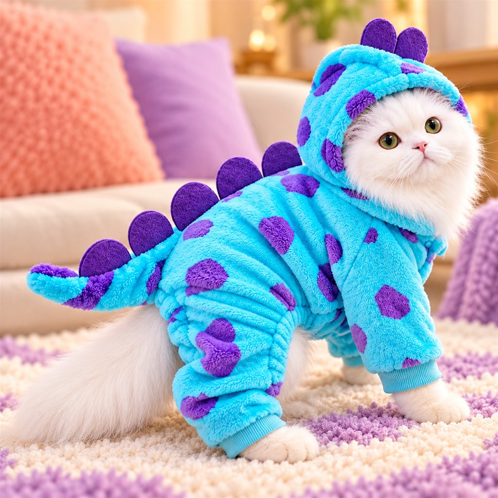 White cat wearing a turquoise plush monster pet onesie with purple spots and back spikes