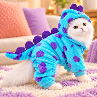 White cat wearing a turquoise plush monster pet onesie with purple spots and back spikes
