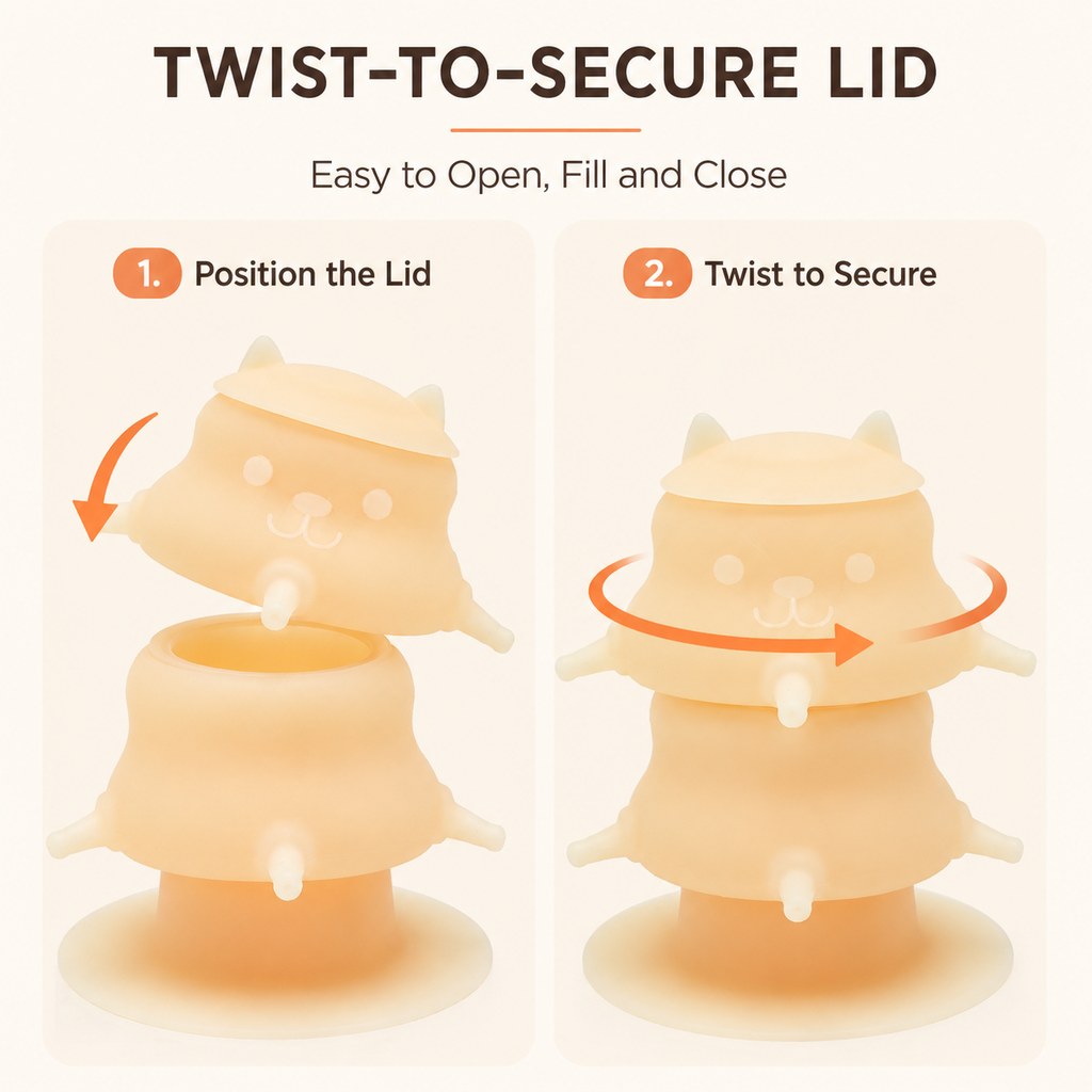 Twist-to-secure lid on silicone pet nurser