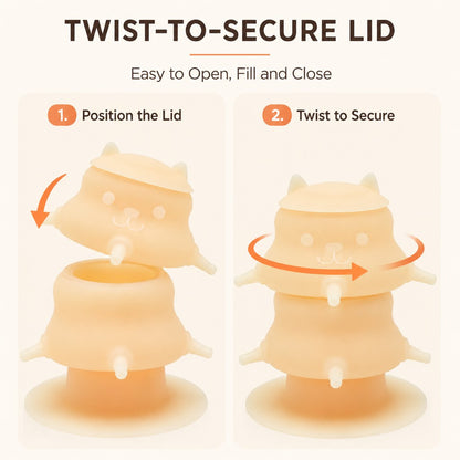 Twist-to-secure lid on silicone pet nurser