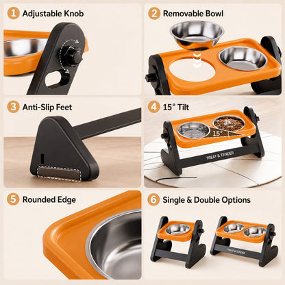 Two-level adjustable double pet bowls with raised stand