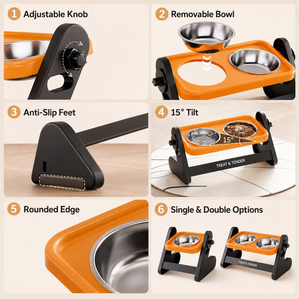 Two-level adjustable double pet bowls with raised stand