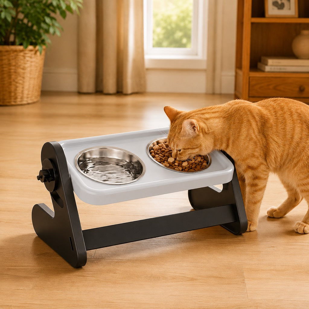 Two-level adjustable single pet bowl with raised stand