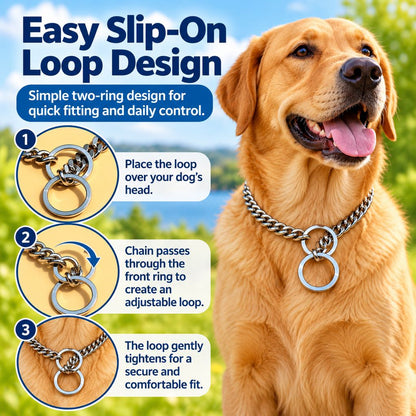Easy slip-on loop design with two rings on a dog chain collar