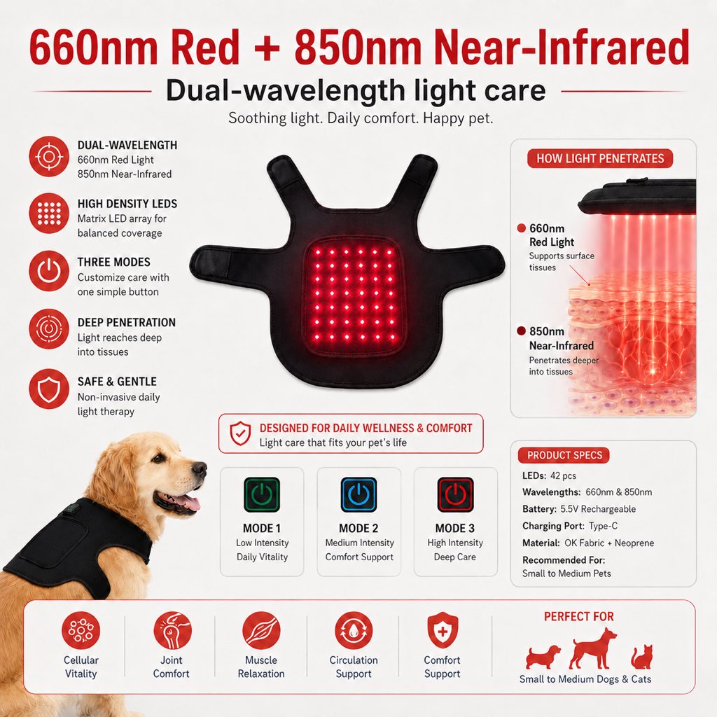 Type-C rechargeable dog red light comfort vest