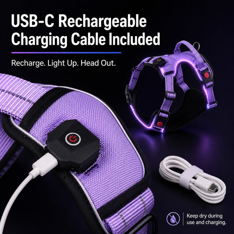 USB-C rechargeable LED dog harness with charging cable included
