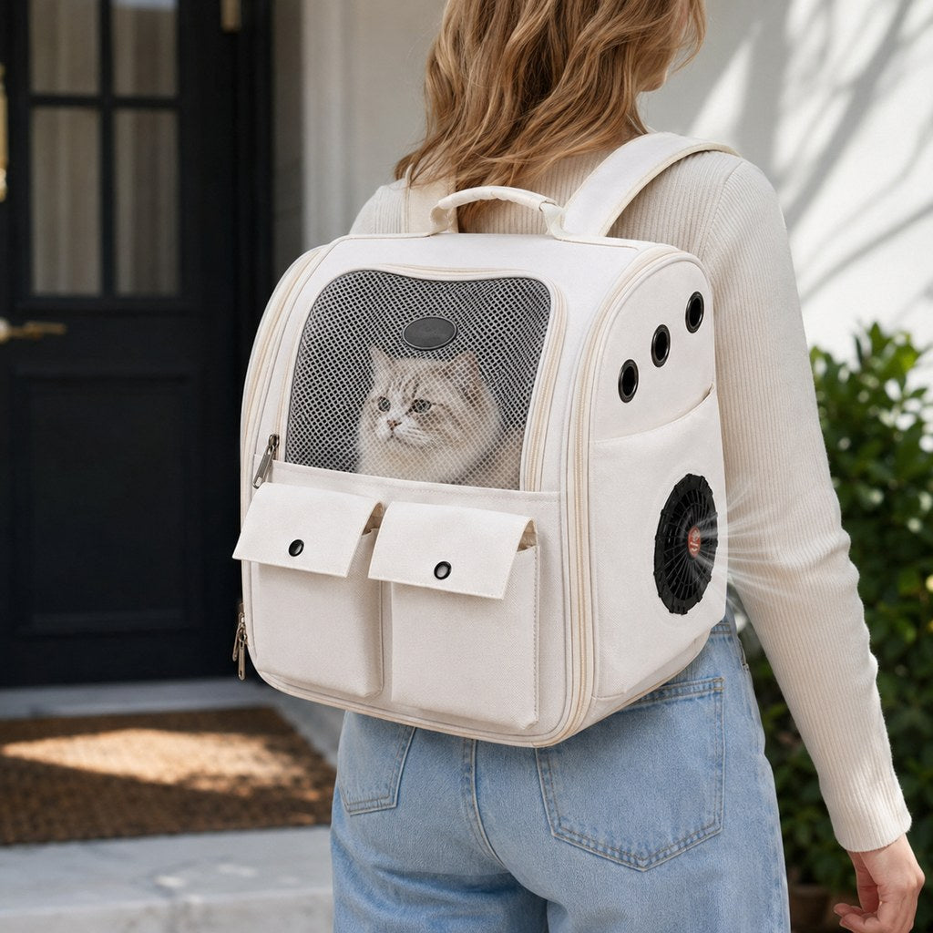 Paws in Awe USB-Powered Dual-Fan Cat Carrier Backpack for Vet Visits & Everyday Travel - Fan-Assisted Cooling for Less-Stuffy Trips image 1
