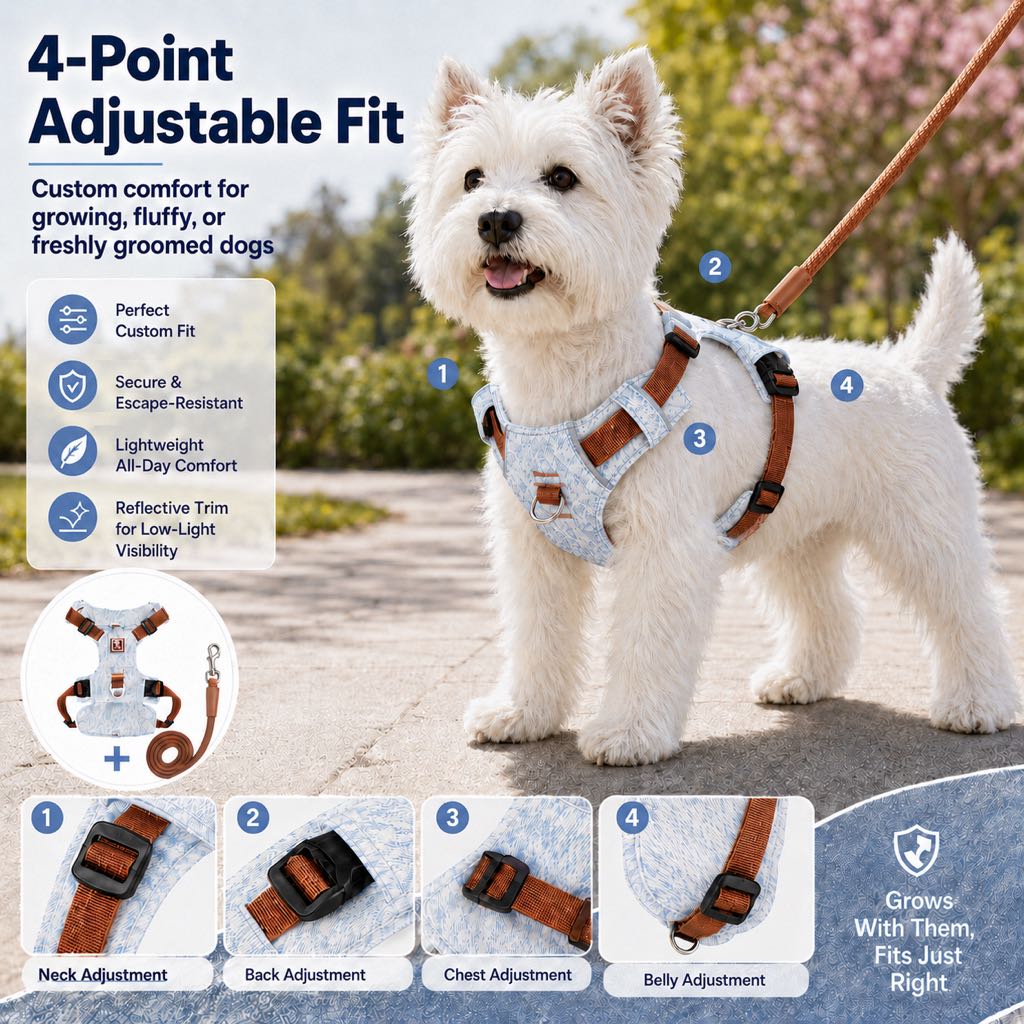 Paws in Awe Vintage Denim No-Pull Dog Harness &5 ft Rope Leash Set - Soft Adjustable Vest for Everyday Walks, Better Control & Low-Light Visibility image 5