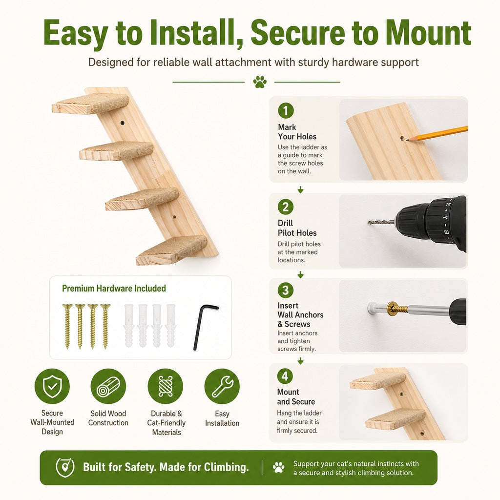 Wall-Mounted Solid Wood Cat Steps for Shelves & Perches - Space-Saving Jute Climbing Ladder image 6