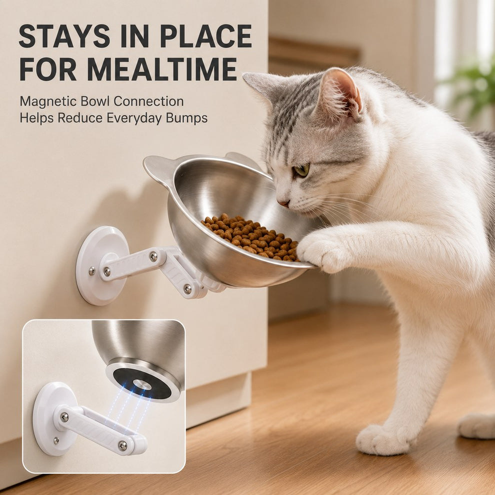 Paws in Awe Adjustable Wall-Mounted Pet Bowl for Cats & Small Dogs - Space-Saving Magnetic Stainless Steel Bowl image 2